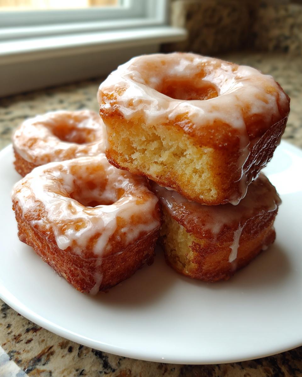 Close-up of four square-shaped buttermilk donut bars stacked, generously coated in a white glaze.