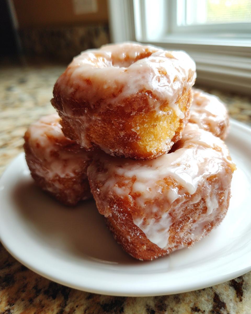 A stack of four freshly glazed buttermilk donut bars resting on a small white plate, ready to eat.