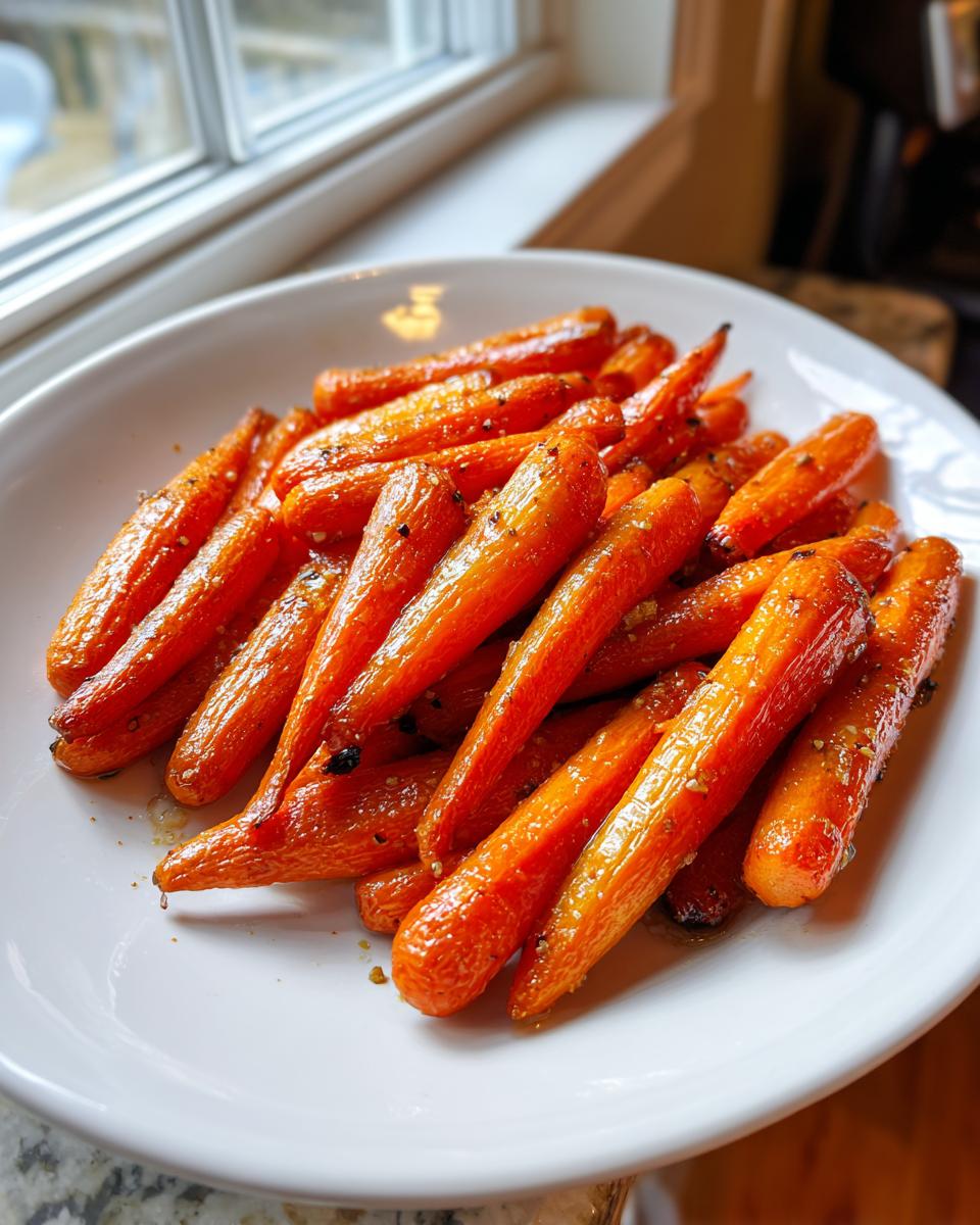 A close-up of glistening, bright orange honey roasted carrots seasoned with pepper, served on a white plate near a window.