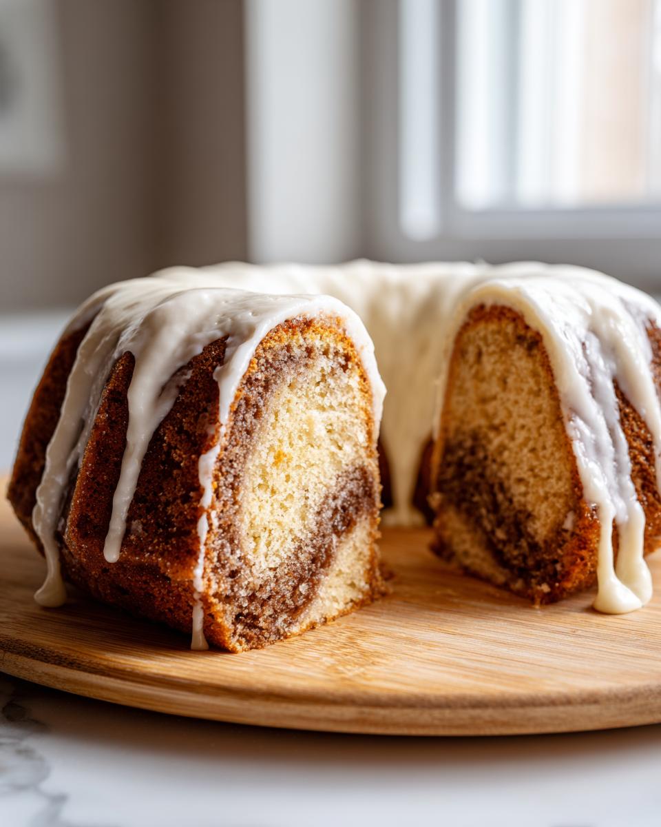 A bundt-style sock-it-to-me cake, cut to show the cinnamon swirl interior, topped with thick white glaze.