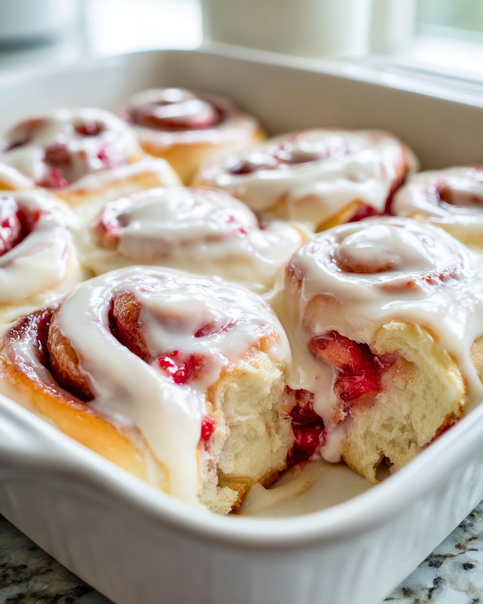 A close-up of freshly baked strawberry cinnamon rolls covered in white icing, with one roll pulled apart to show the soft interior and strawberry filling.