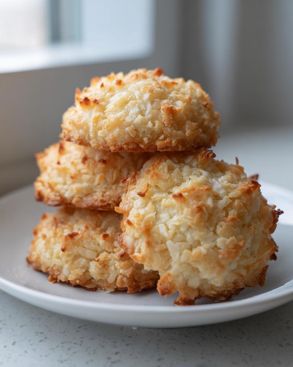 A stack of four golden-brown, textured coconut cookies resting on a small white plate.
