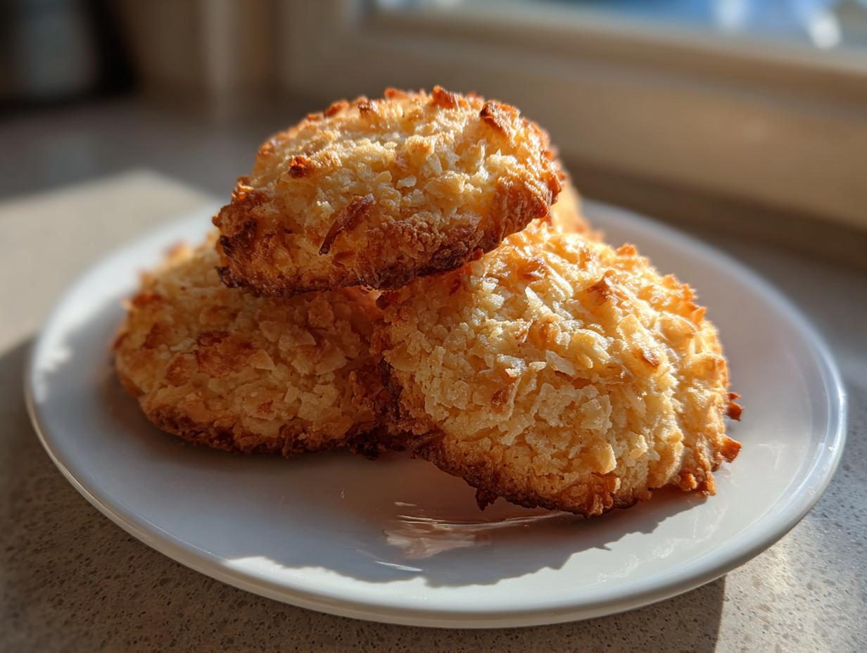 A stack of three golden brown, crispy-edged coconut cookies sitting on a white plate, highlighted by natural sunlight.
