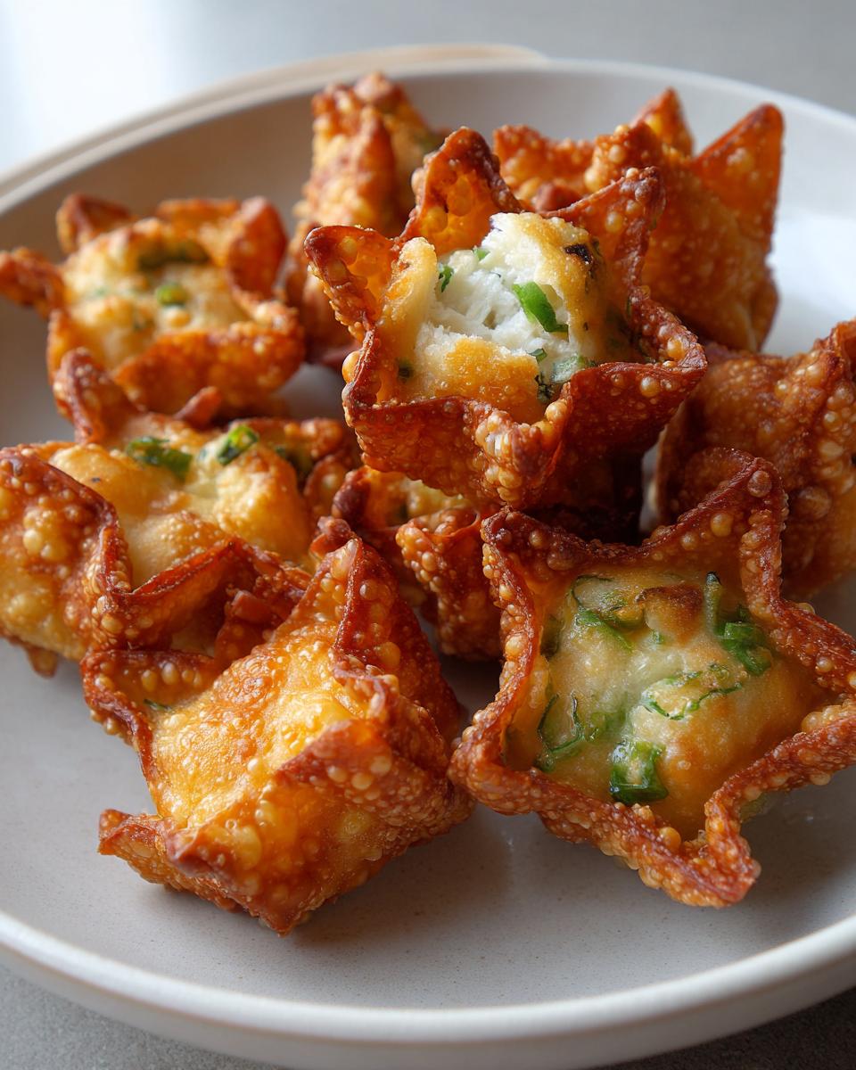 A close-up of several golden brown, crispy homemade crab rangoons piled on a light gray plate, one is broken open showing the creamy filling.