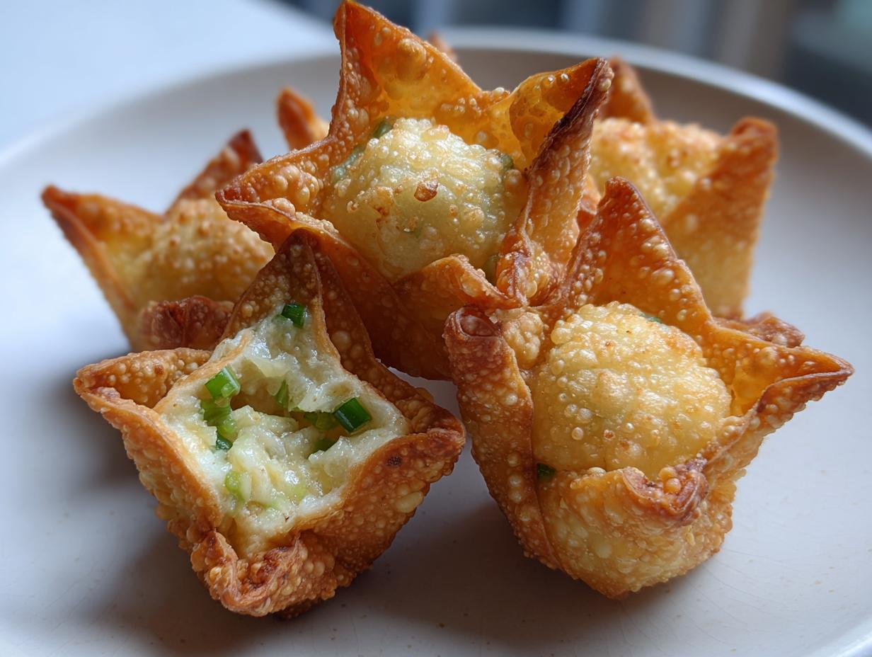 Close-up of crispy, golden homemade crab rangoons, one of which is cut open showing the creamy filling and green onions.