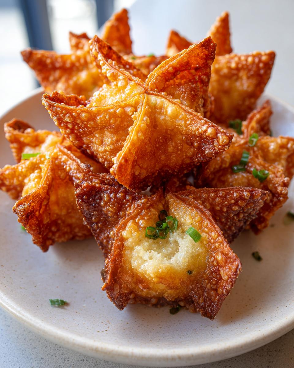 A close-up of several perfectly fried, golden brown homemade crab rangoons piled high on a light-colored plate, garnished with chives.