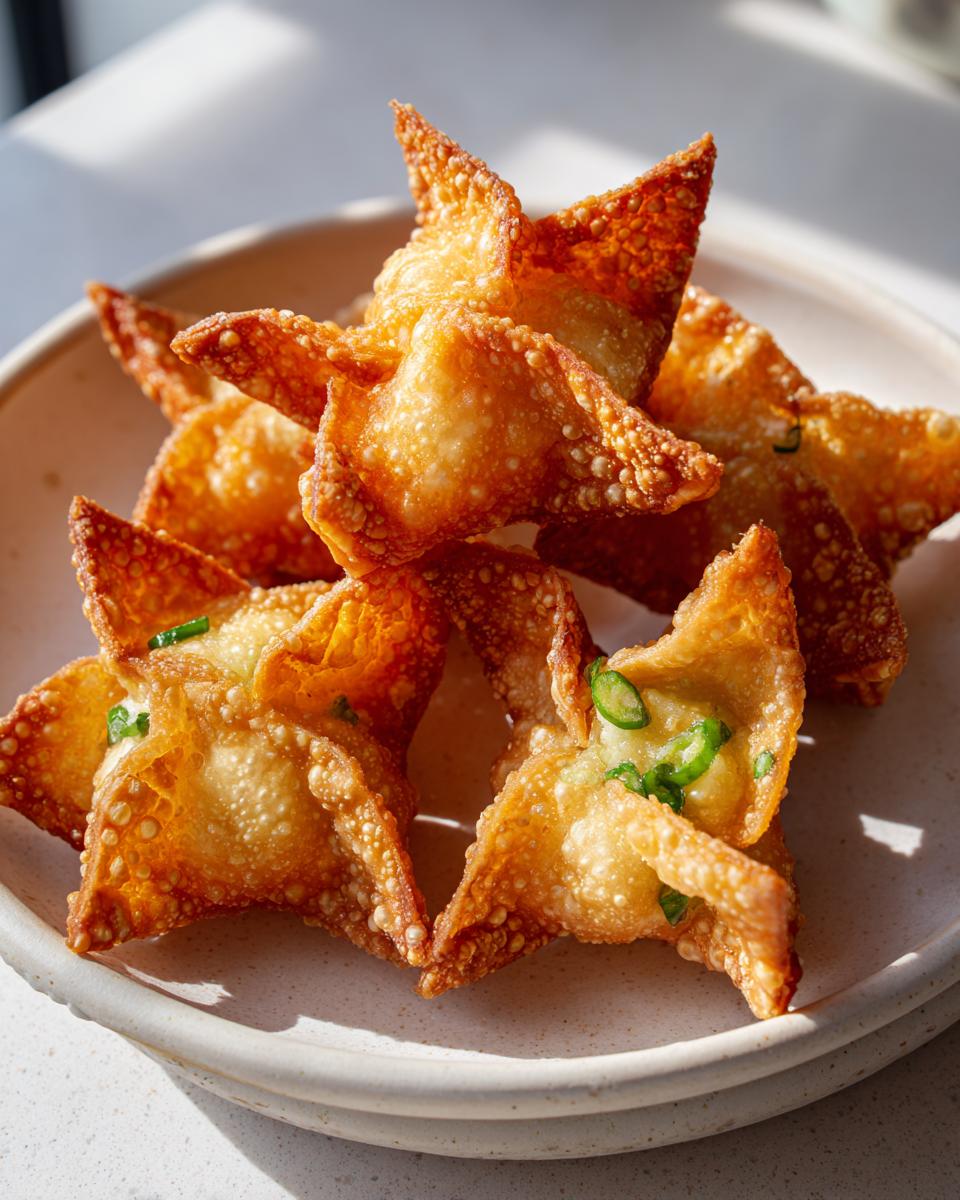 A close-up of several golden brown, crispy homemade crab rangoons piled on a light-colored plate.