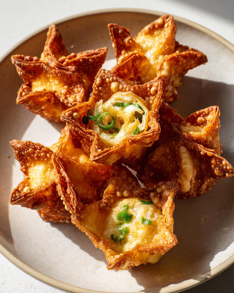 A pile of crispy, golden brown homemade crab rangoons shaped like stars, served on a light-colored plate.