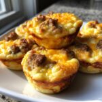 A close-up of several golden brown mcgriddle bites topped with crumbled sausage and melted cheddar cheese on a white plate.