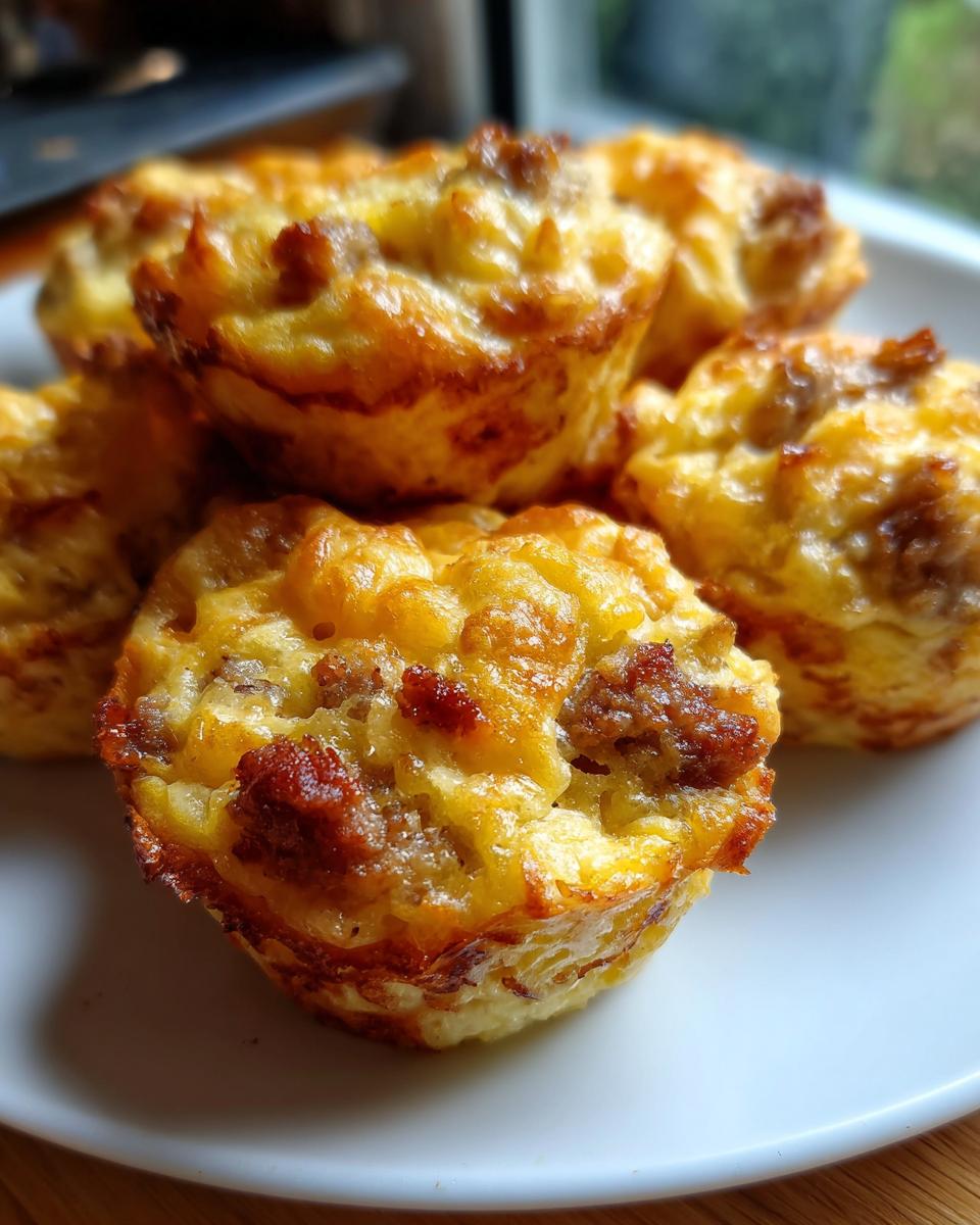 Close-up of several golden brown mcgriddle bites stacked on a white plate, featuring visible sausage and egg.