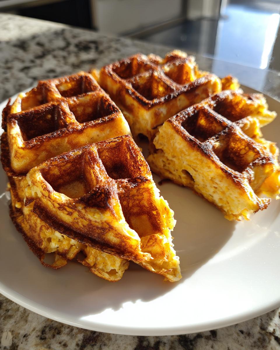 Close-up of golden brown, fluffy oat yeast waffles stacked on a white plate in bright sunlight.
