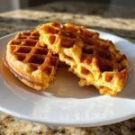 Two golden brown oat yeast waffles stacked on a white plate, one broken to show the fluffy interior texture.