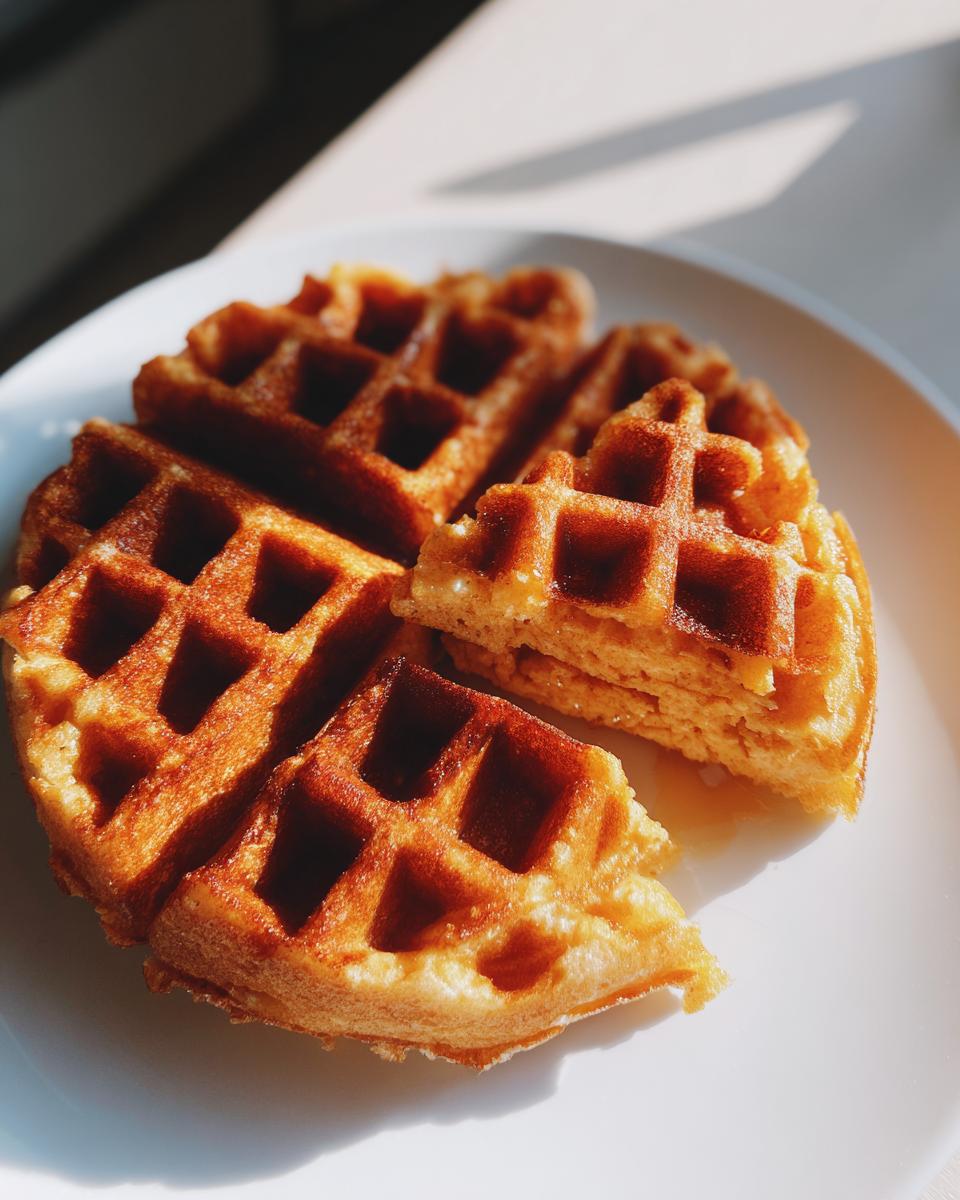 Close-up of golden brown oat yeast waffles, cut into quarters, sitting on a white plate bathed in sunlight.