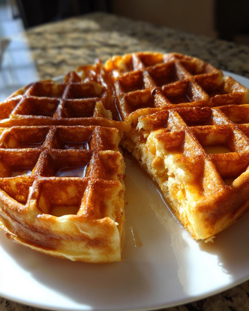 Close-up of golden brown oat yeast waffles, cut open to show fluffy interior, drizzled with syrup on a white plate.