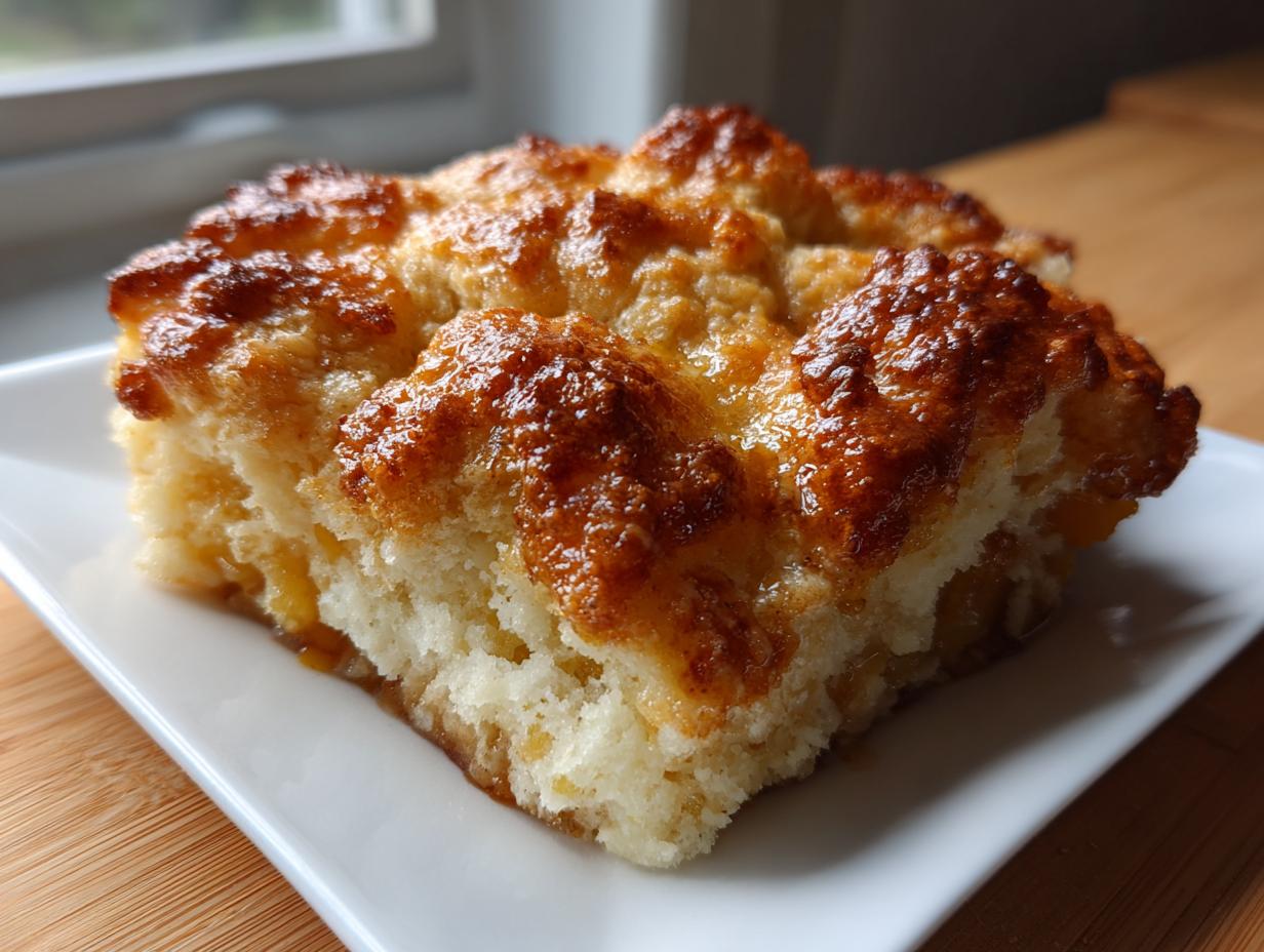 Close-up of a square serving of peach cobbler recipe with a golden, caramelized, and slightly glistening topping.