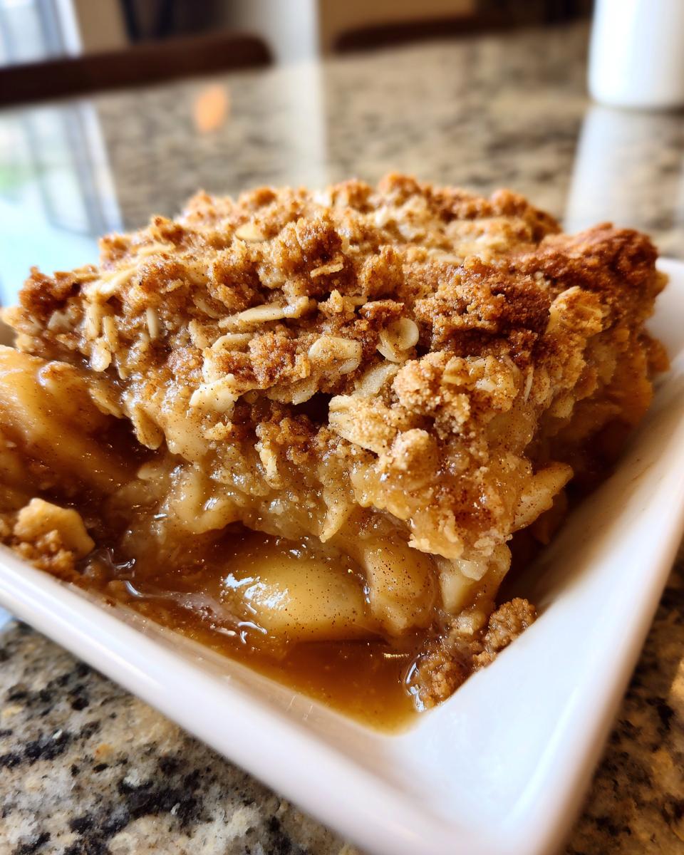 A close-up view of a square serving of warm cinnamon apple crisps with a thick, gooey apple filling and crunchy oat topping.