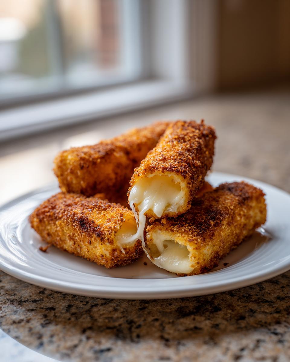 Close-up of golden brown mozzarella sticks, one broken open showing the melted, stretchy cheese inside.