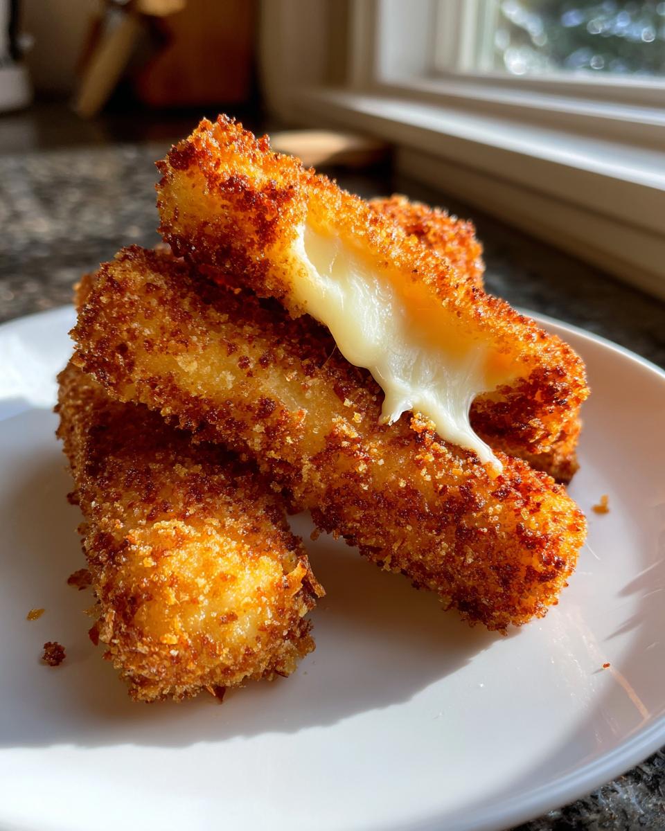 Close-up of golden brown, crispy mozzarella sticks with one stick broken open showing the melted, stretchy cheese.