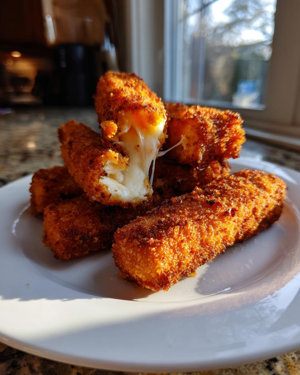 A stack of golden brown, crispy mozzarella sticks on a white plate, with one broken open showing a dramatic cheese pull.