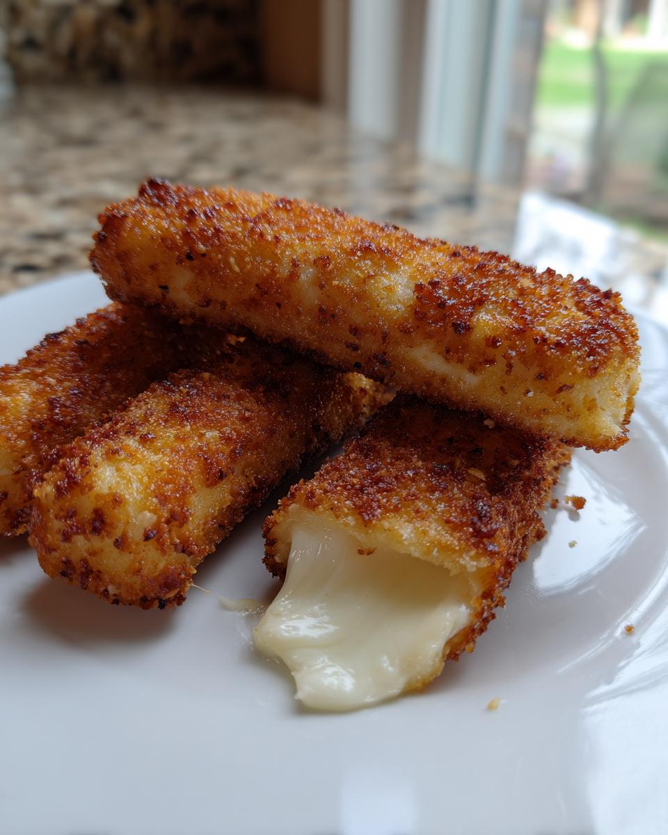 Close-up of golden brown mozzarella sticks, one broken open showing the melted cheese stretch.