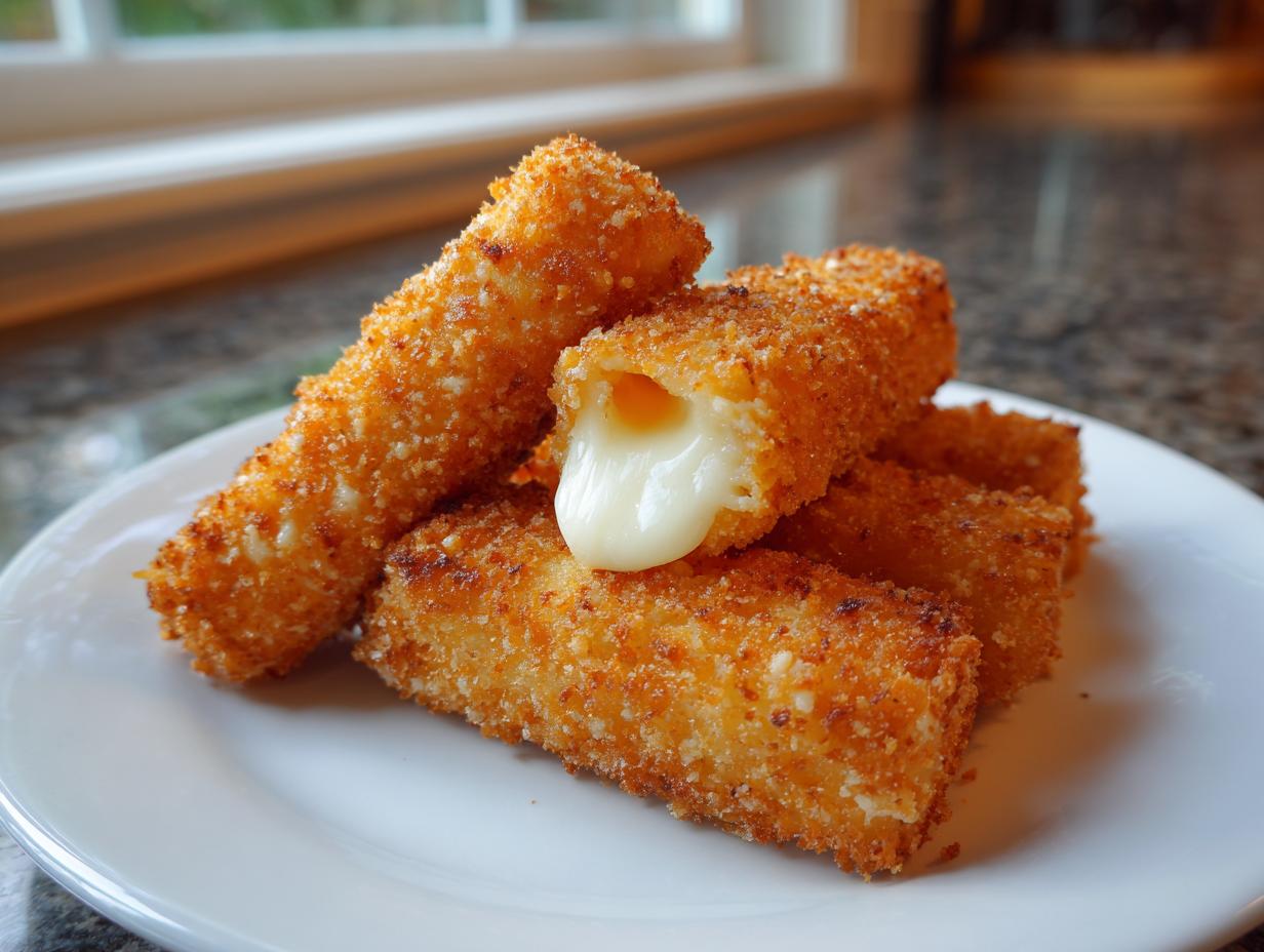 Close-up of golden brown mozzarella sticks piled on a white plate, one broken open showing melted cheese.