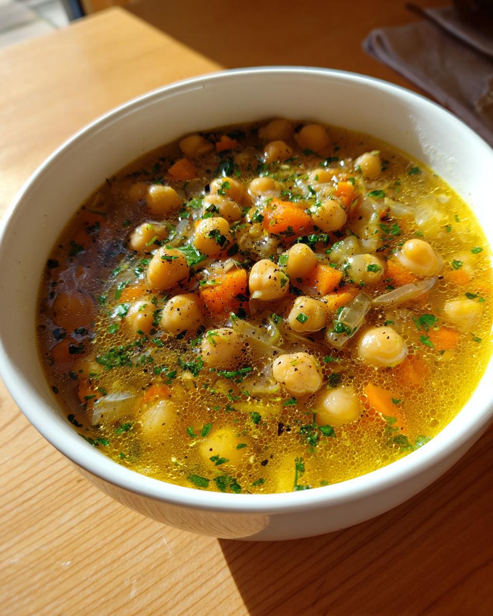 Close-up of a bowl of vibrant greek lemon chickpea soup, rich with chickpeas, carrots, and fresh parsley.