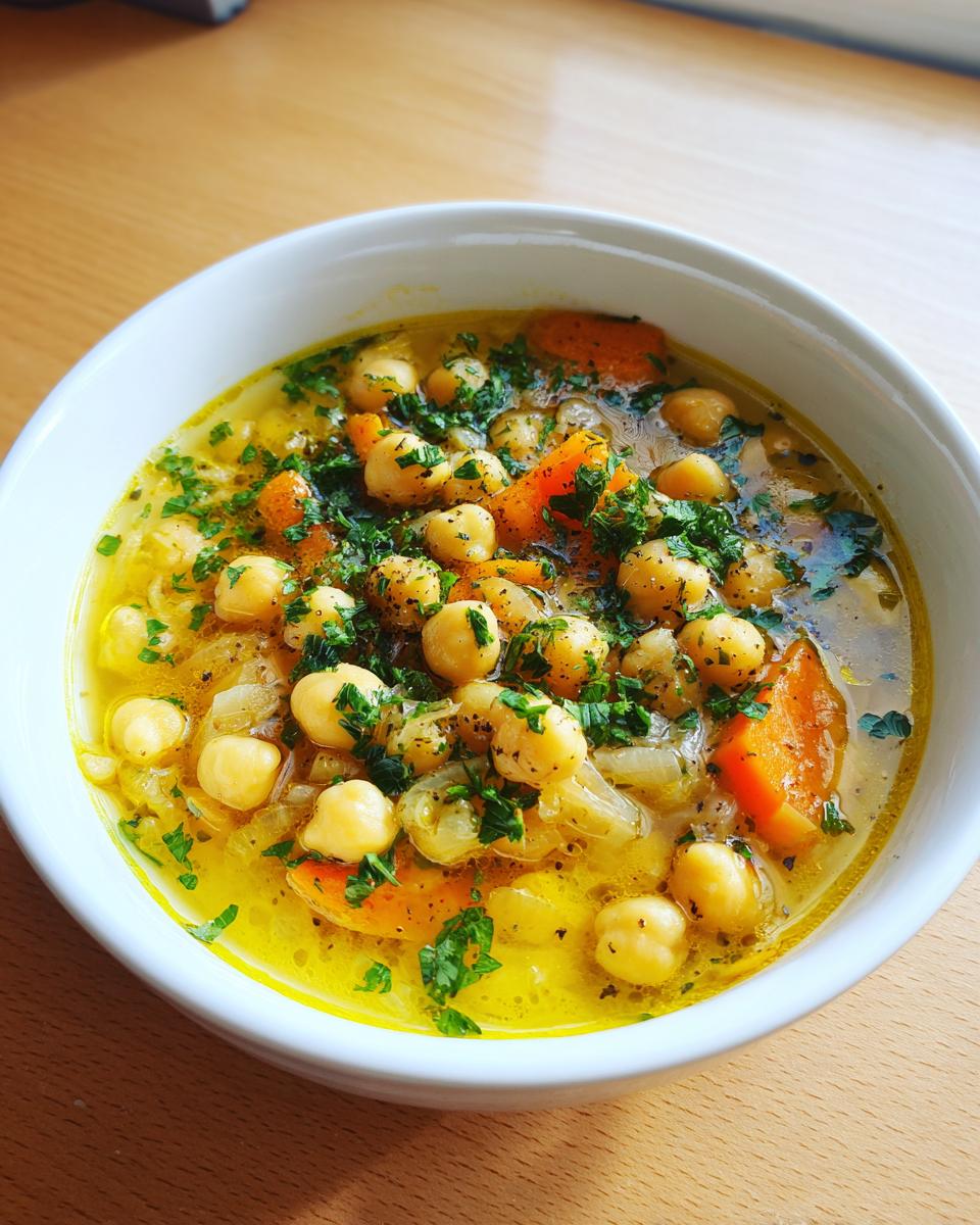 Close-up of a white bowl filled with vibrant greek lemon chickpea soup, featuring chickpeas, carrots, and fresh parsley.