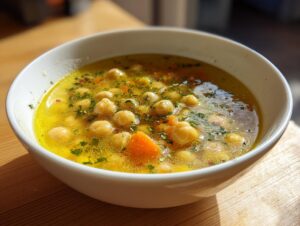 Close-up of a white bowl filled with vibrant Greek lemon chickpea soup, featuring whole chickpeas and herbs.