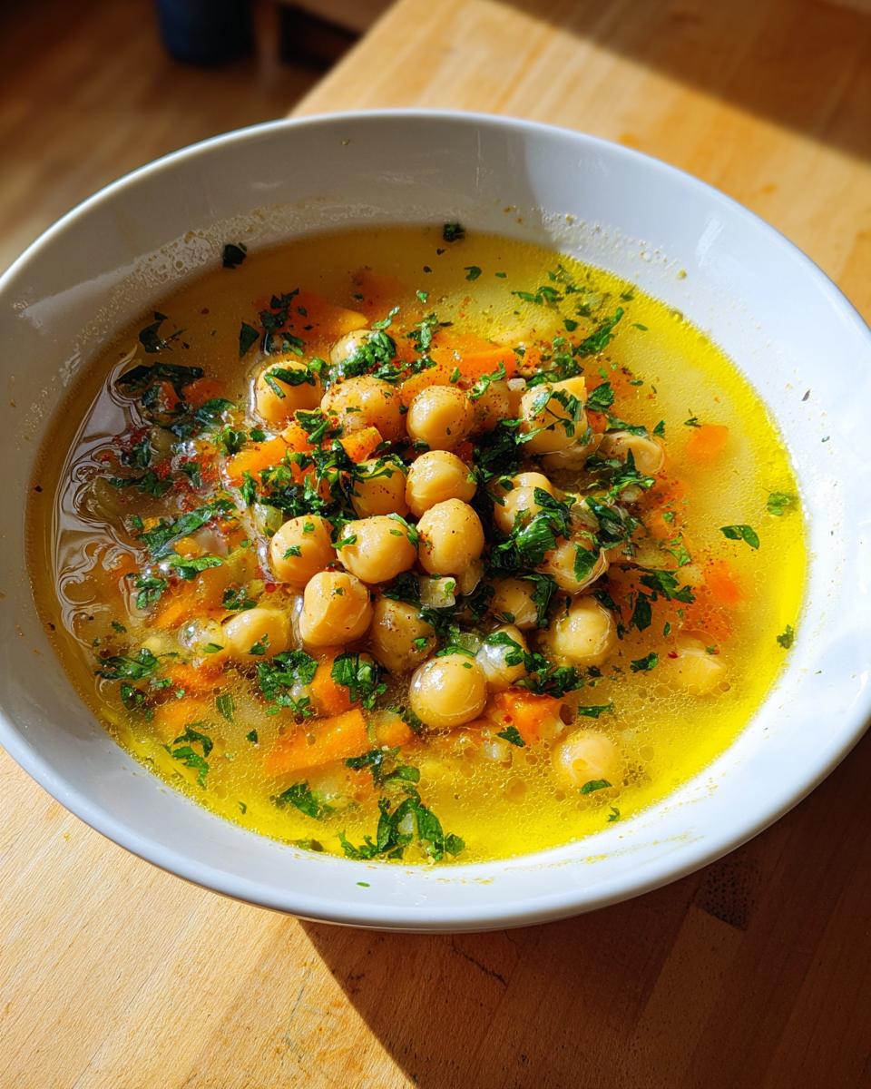 A close-up of vibrant greek lemon chickpea soup with whole chickpeas, carrots, and fresh parsley in a white bowl.
