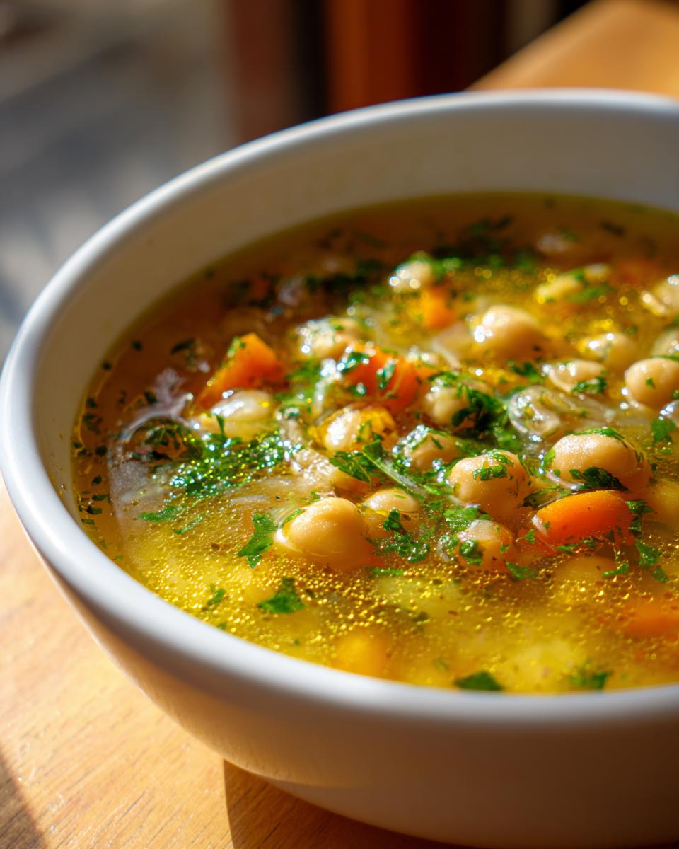 Close-up of a steaming bowl of greek lemon chickpea soup, rich with chickpeas, carrots, and fresh parsley.