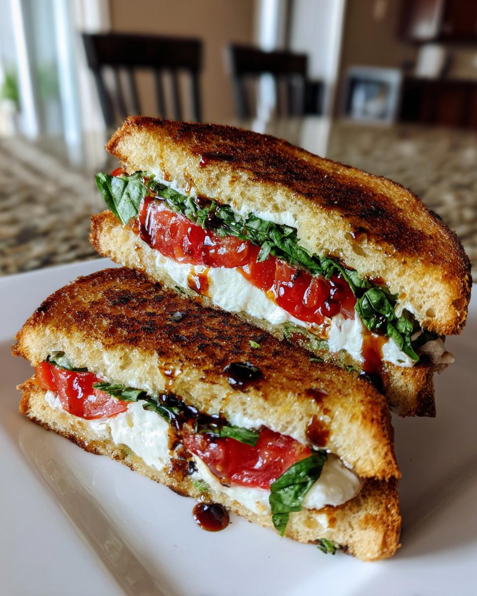 Close-up of a grilled caprese breakfast sandwich cut in half, showing melted mozzarella, tomato, basil, and balsamic glaze.