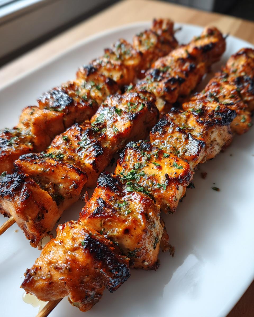 Close-up of four skewers loaded with juicy, grilled garlic parmesan chicken skewers, garnished with parsley.