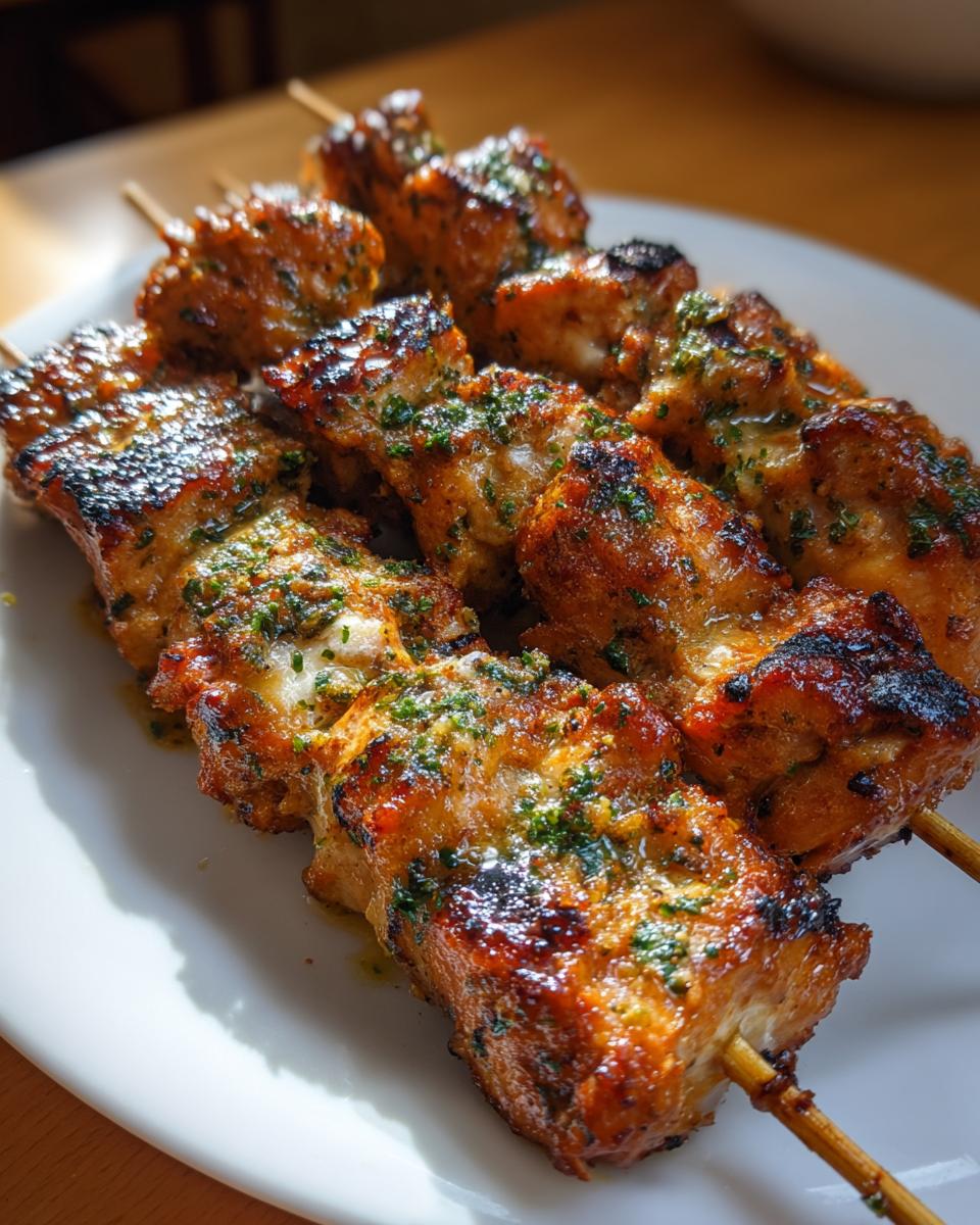 Close-up of beautifully grilled garlic parmesan chicken skewers glistening with sauce and topped with green herbs on a white plate.