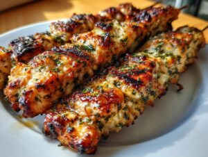 Close-up of juicy, grilled garlic parmesan chicken skewers glistening with marinade and herbs on a white plate.