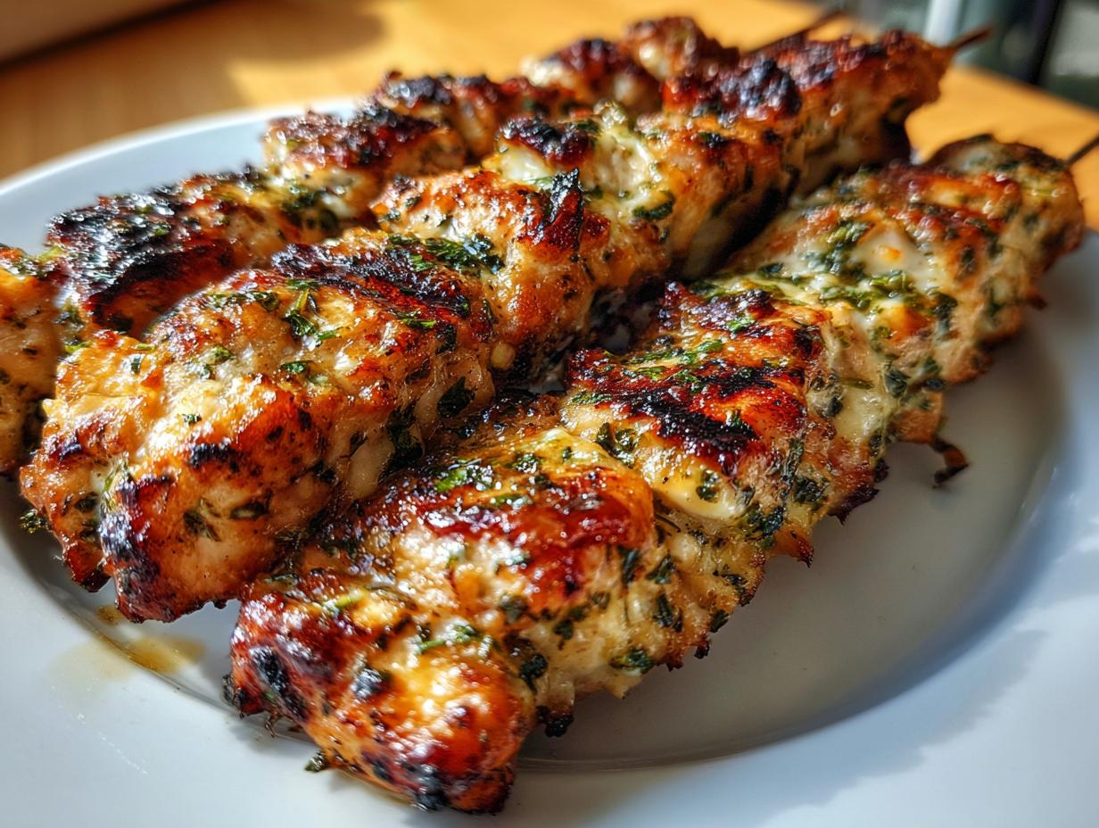 Close-up of juicy, grilled garlic parmesan chicken skewers glistening with marinade and herbs on a white plate.
