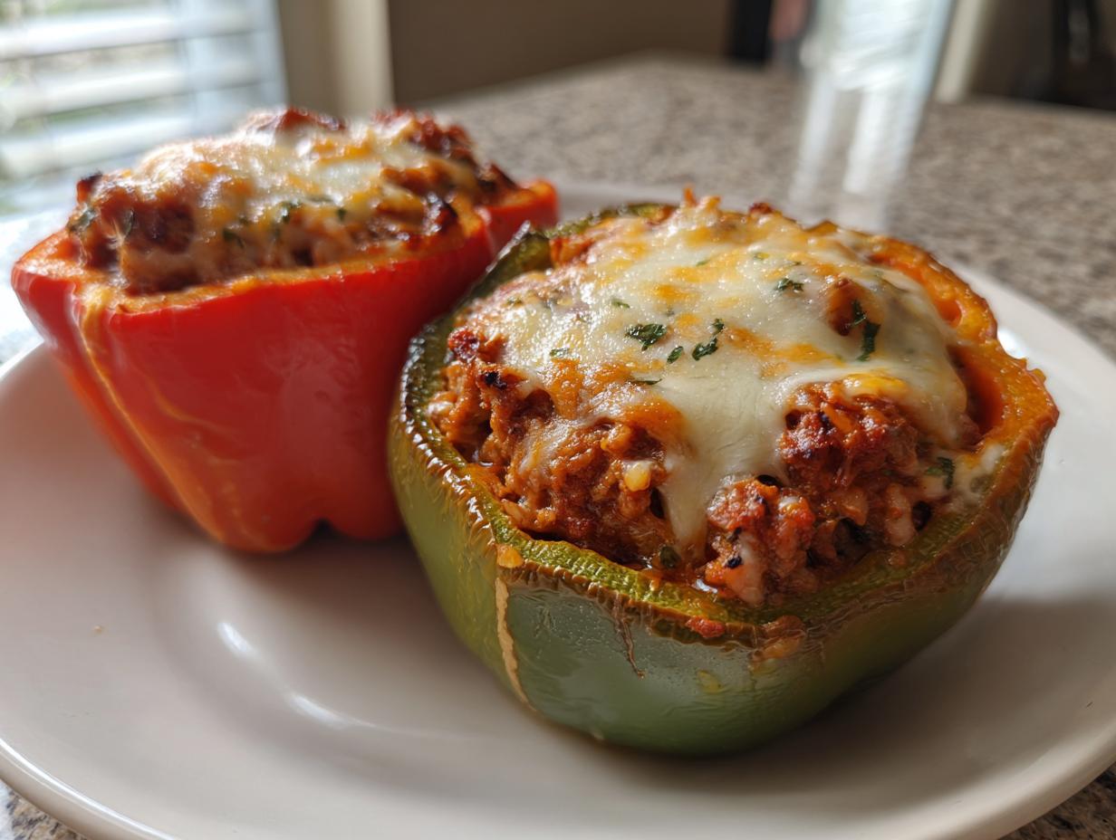 Two halves of ground turkey stuffed peppers, one red and one green, topped with melted cheese and parsley.