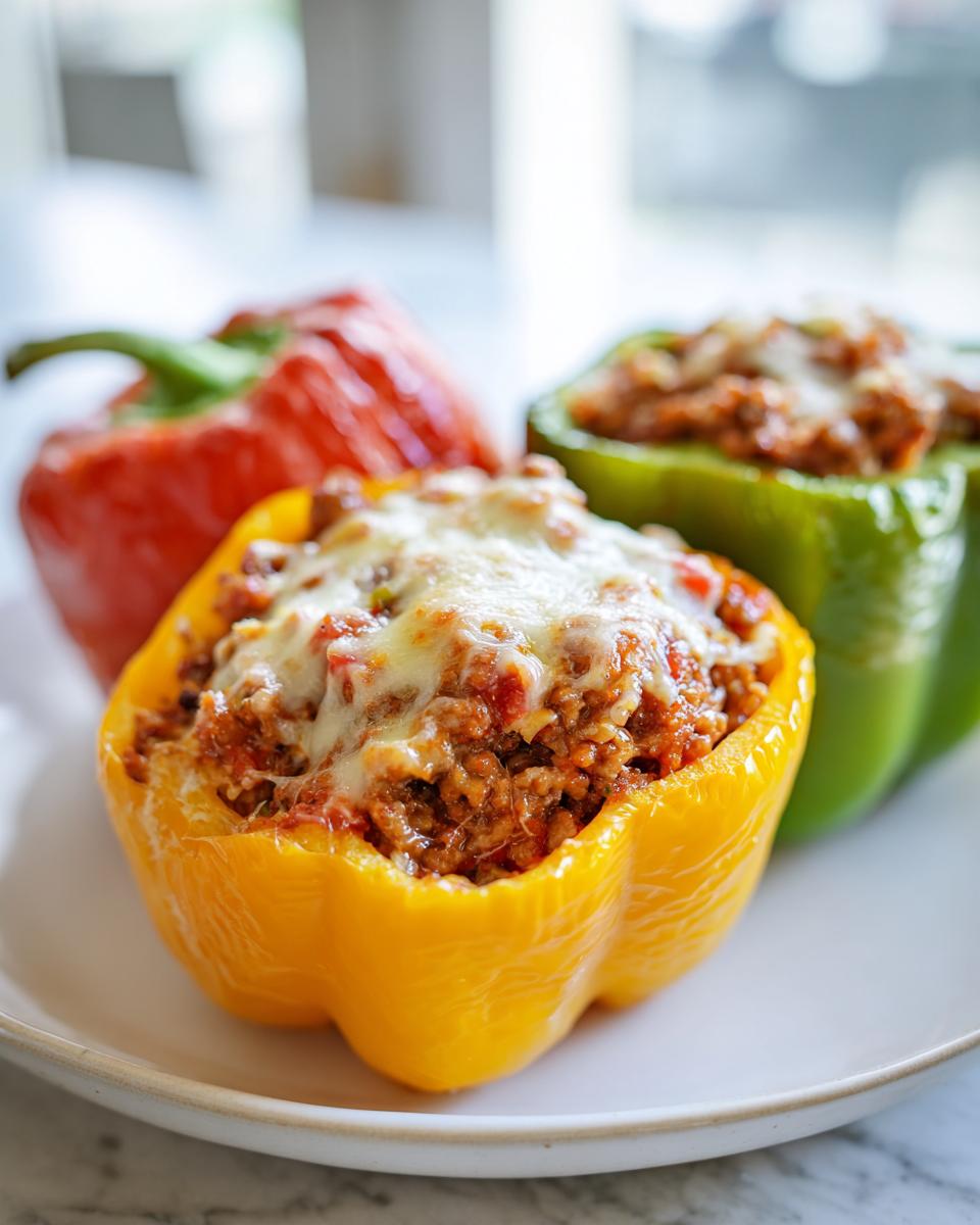 Close-up of colorful ground turkey stuffed peppers, featuring a bright yellow pepper topped with melted cheese.