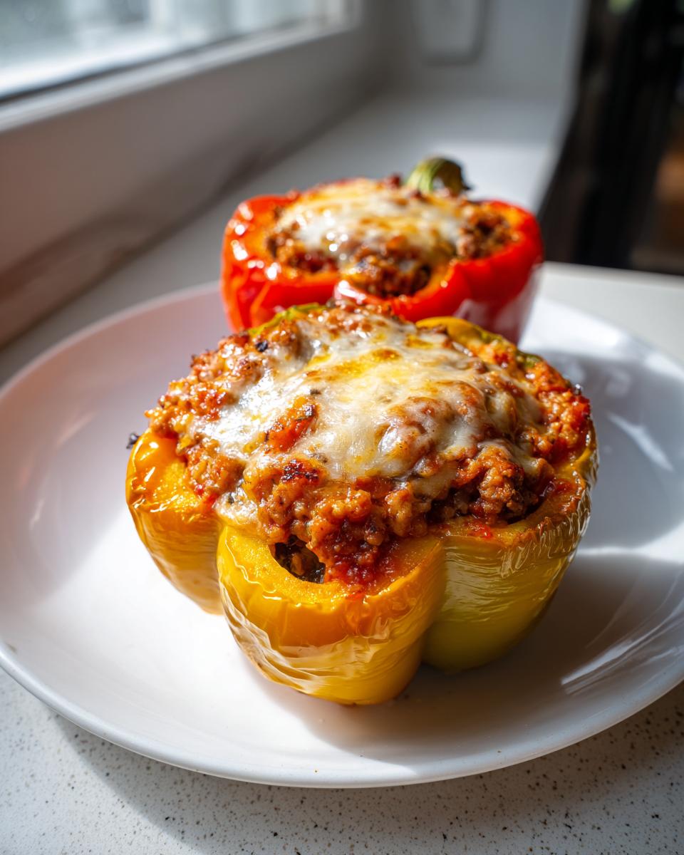Two colorful ground turkey stuffed peppers, one yellow and one red, topped with melted cheese, served on a white plate.