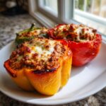 Close-up of three colorful ground turkey stuffed peppers (yellow, red, and green) topped with melted, browned cheese.
