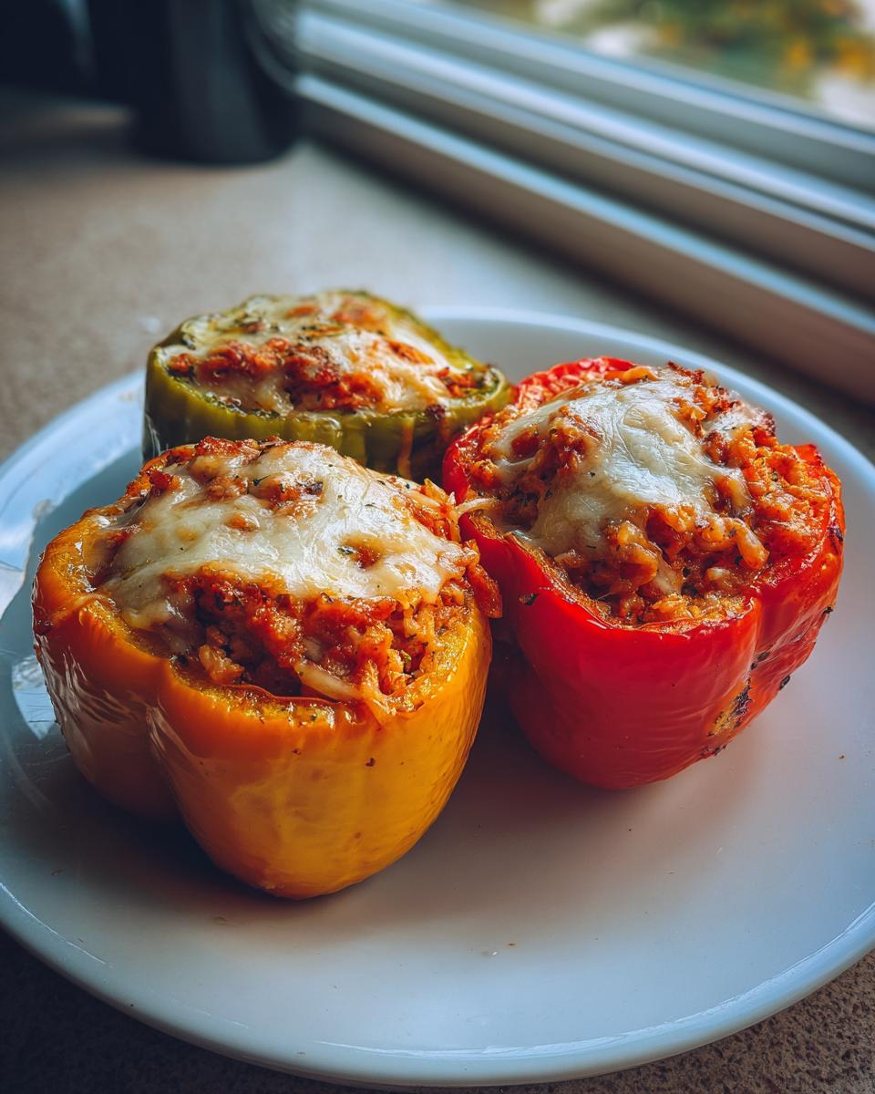 Three colorful ground turkey stuffed peppers (red, yellow, green) topped with melted cheese served on a white plate.