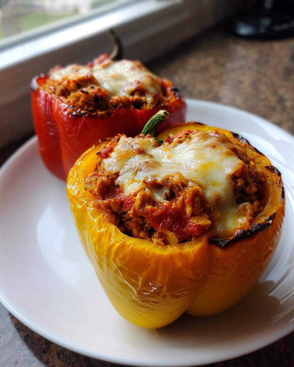 Two baked ground turkey stuffed peppers, one red and one yellow, topped with melted mozzarella cheese, served on a white plate.