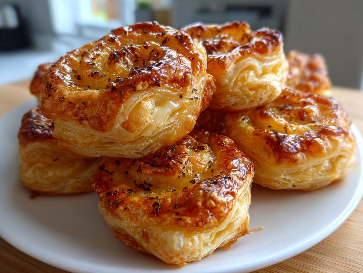 A stack of golden brown, flaky ham cheese puff pastry stacks sprinkled with herbs on a white plate.