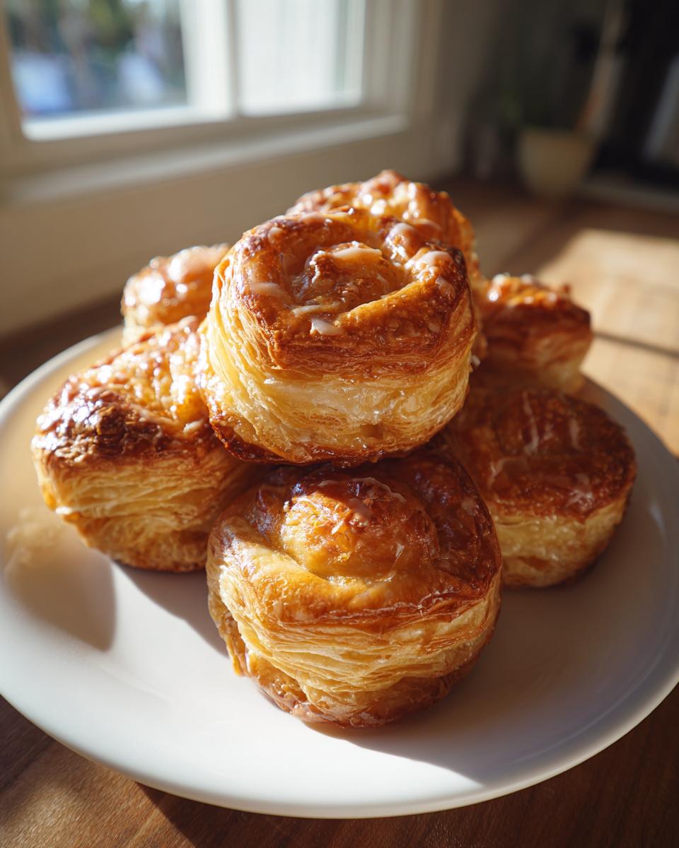 A stack of golden, flaky ham cheese puff pastry stacks drizzled with a light glaze, sitting on a white plate.