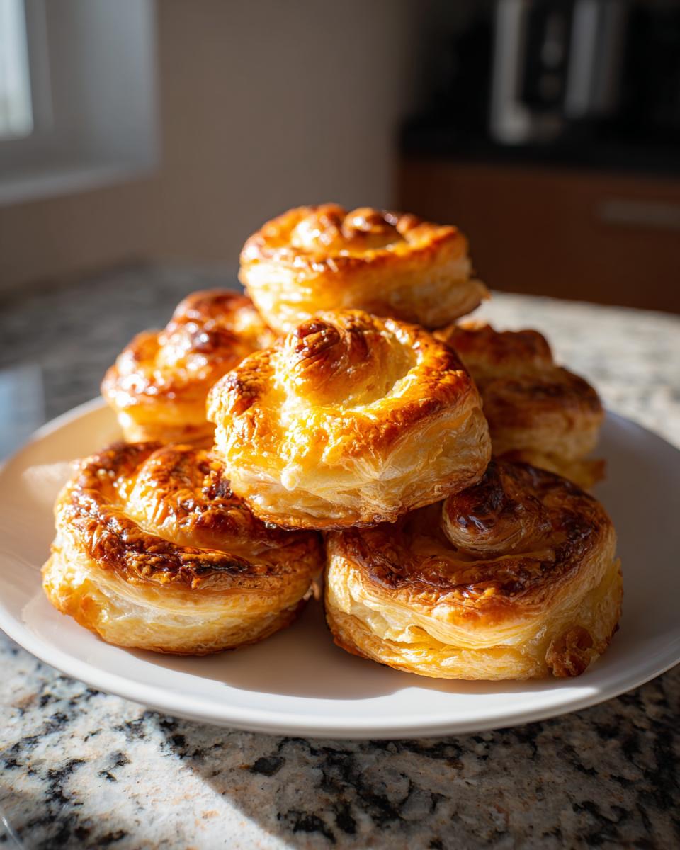 A stack of golden brown, flaky ham cheese puff pastry stacks glistening under sunlight.