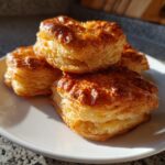 Close-up of golden brown, flaky ham cheese puff pastry stacks piled on a white plate, glistening in the sunlight.