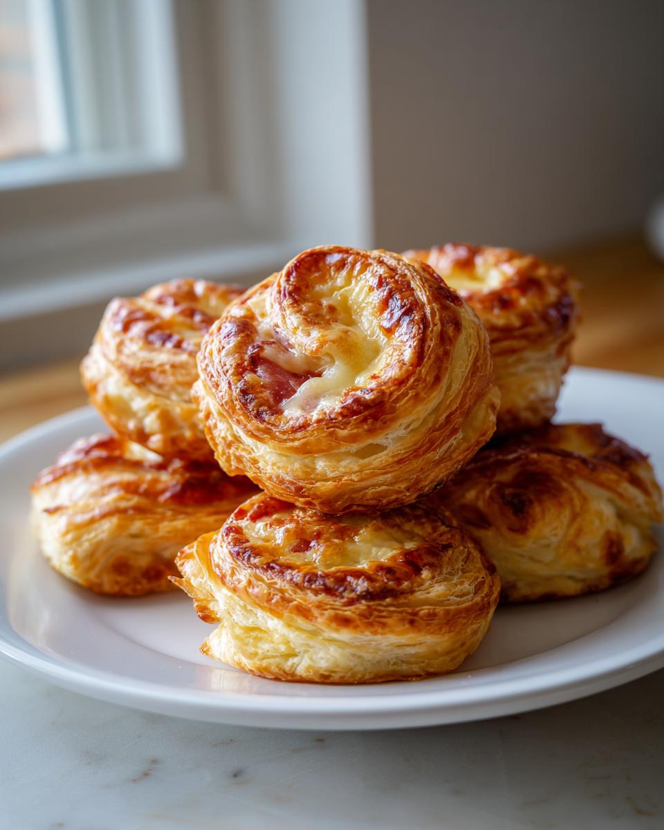 A stack of golden brown, flaky ham cheese puff pastry stacks baked until crispy and cheesy.