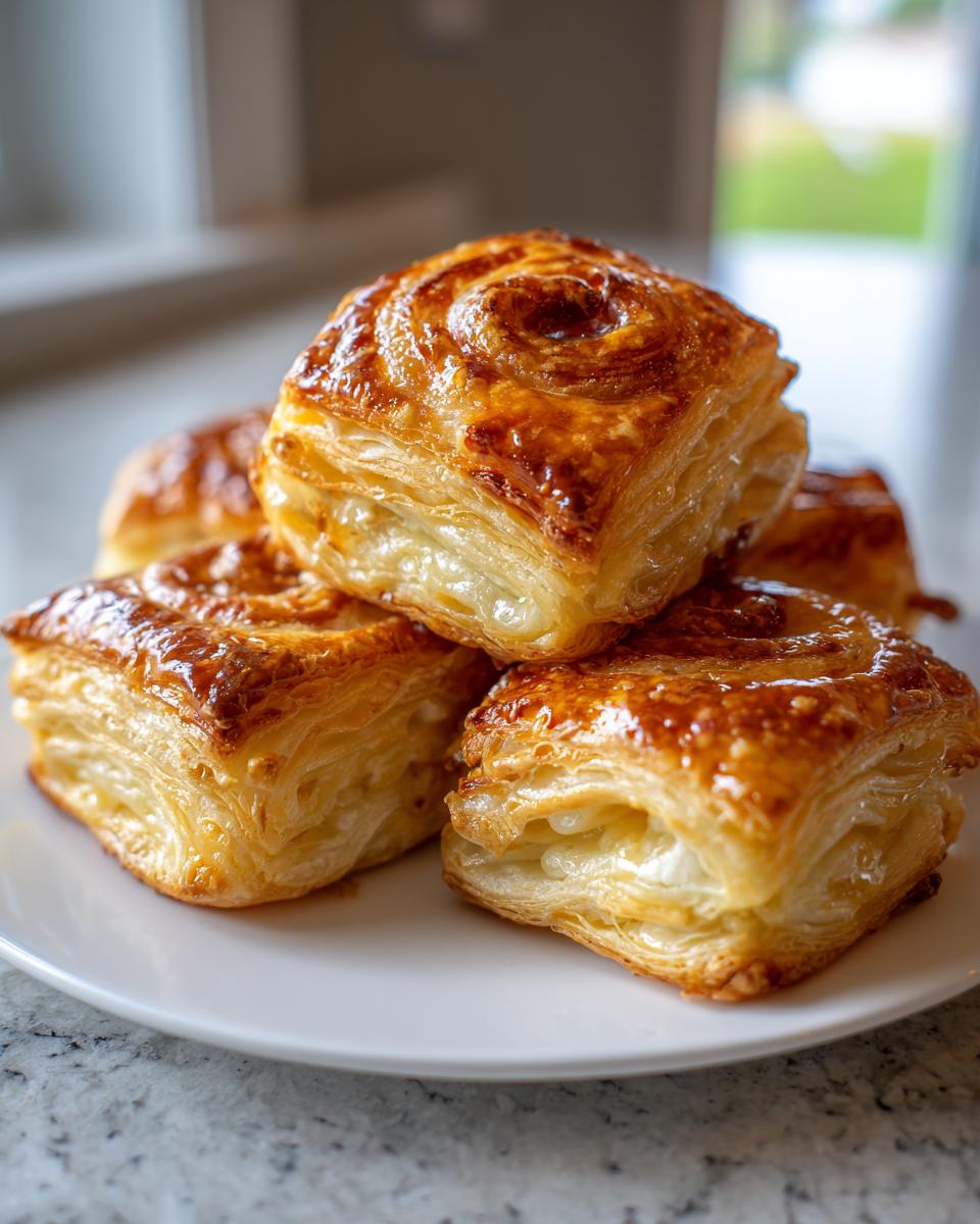 A stack of four golden-brown, flaky ham cheese puff pastry stacks piled on a white plate.