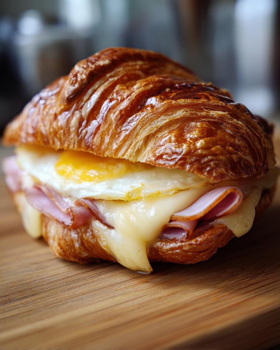 Close-up of a delicious croissant breakfast sandwich with melted cheese, ham, and a fried egg.