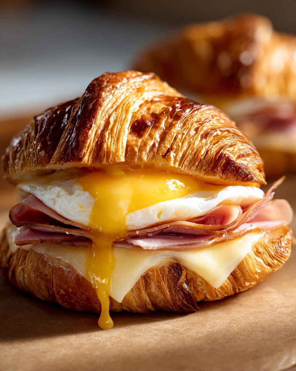 Close-up of a flaky croissant breakfast sandwich filled with ham, melted cheese, and a sunny-side-up egg with dripping yolk.