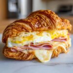 A close-up of a delicious croissant breakfast sandwiches filled with melted cheese, fried egg, and slices of ham.